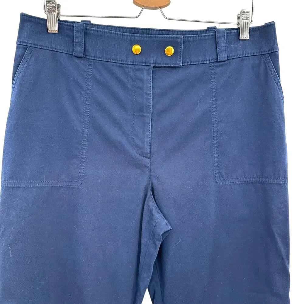 Tory Burch Maddie‎ Cropped Flare Trouser Pants Gold Button Navy Blue Size US 12
